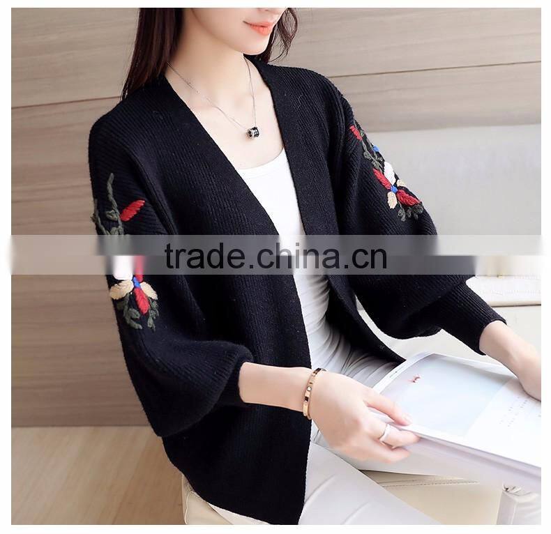 fall ladies loose embroidery sweater coat green bishop sleeve knit short sweater