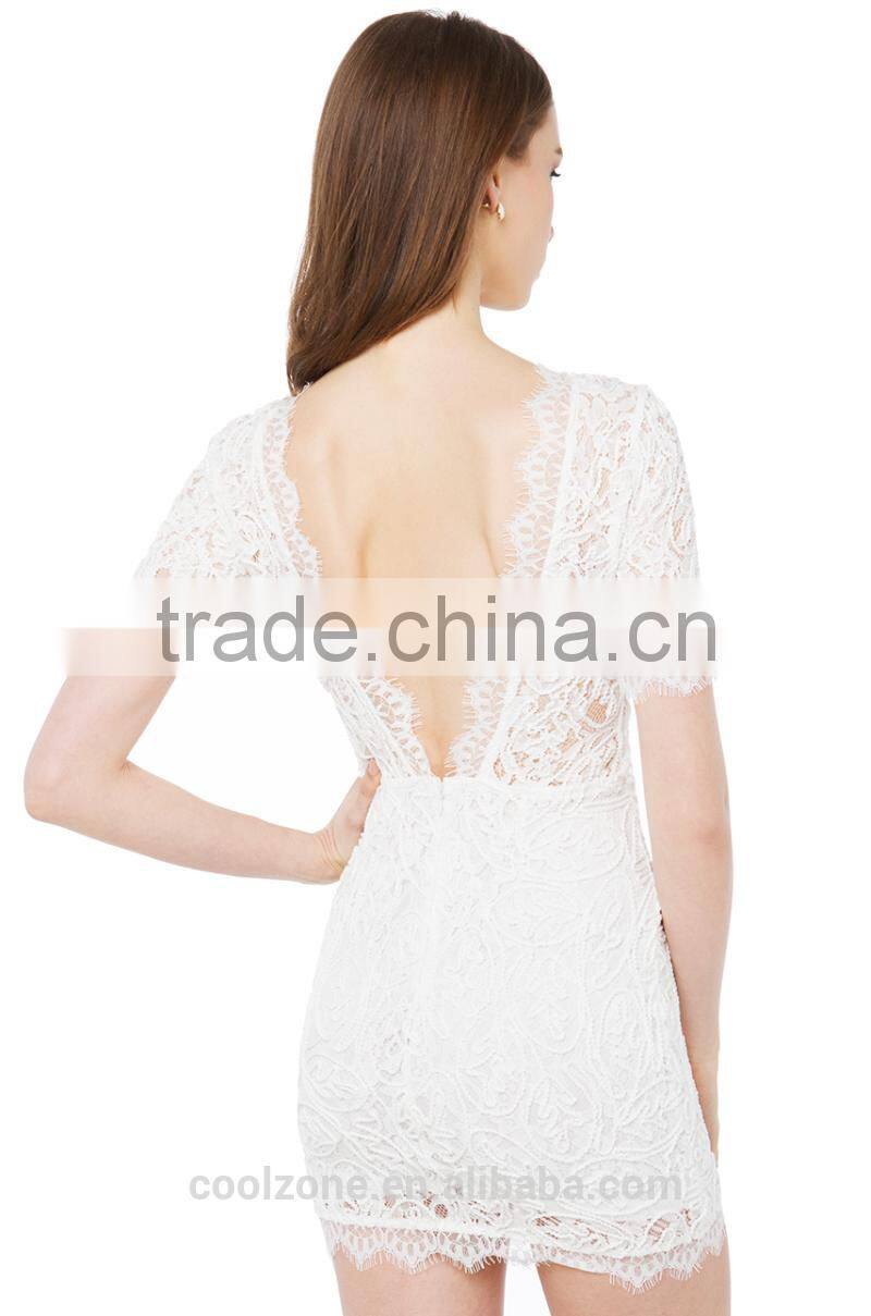 High quality short sleeve out mini lace sexy evening dress