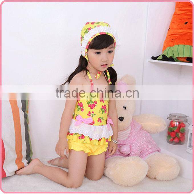 Hot Sale 2016 Girls Bikinis Cherry Printed Baby Kids Lace Toddle Swimwear With Hat Infant Bathing Suits Hot Sellers SR40416-1P