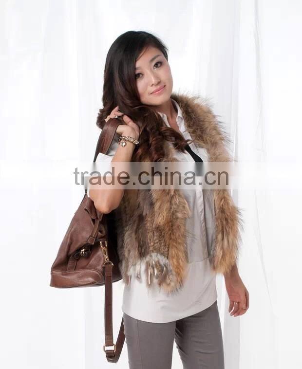 Brown rabbit fur knitted vest dyed color raccoon fur vest for women spring fall winter