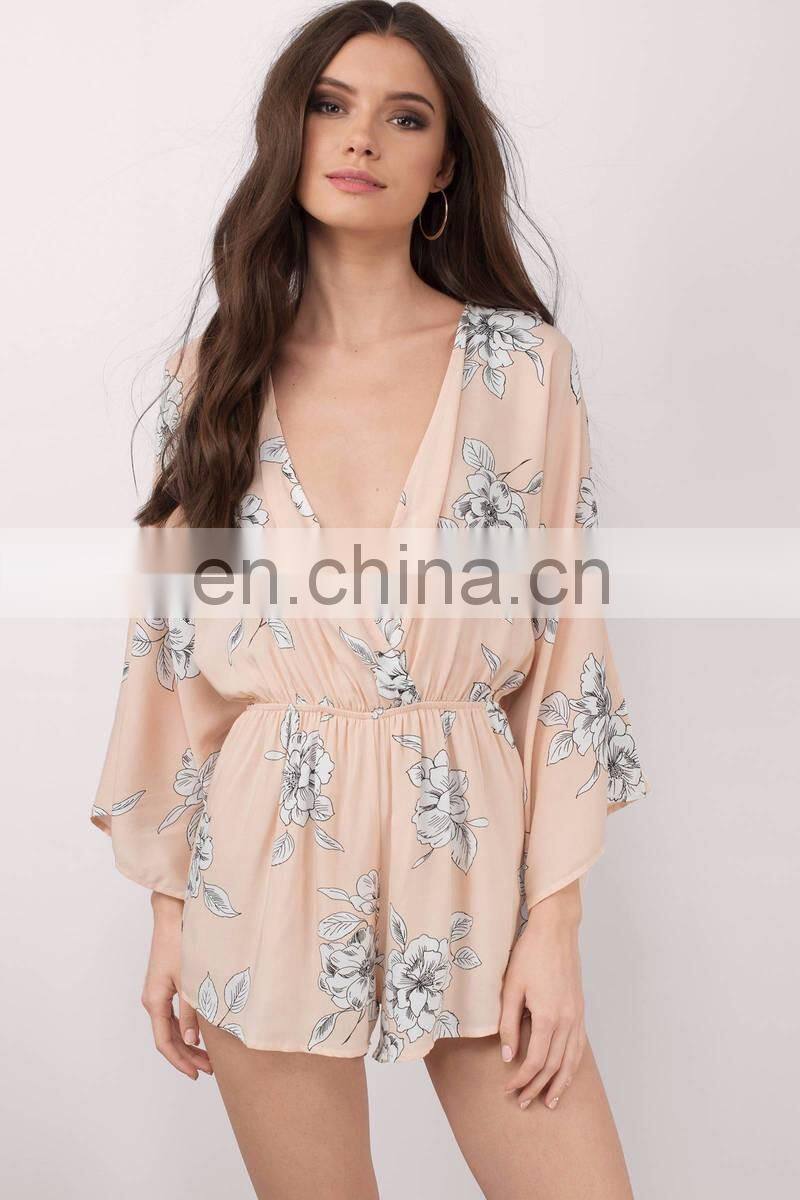 Peach Floral Print Summer Romper Fashion Women Clothing