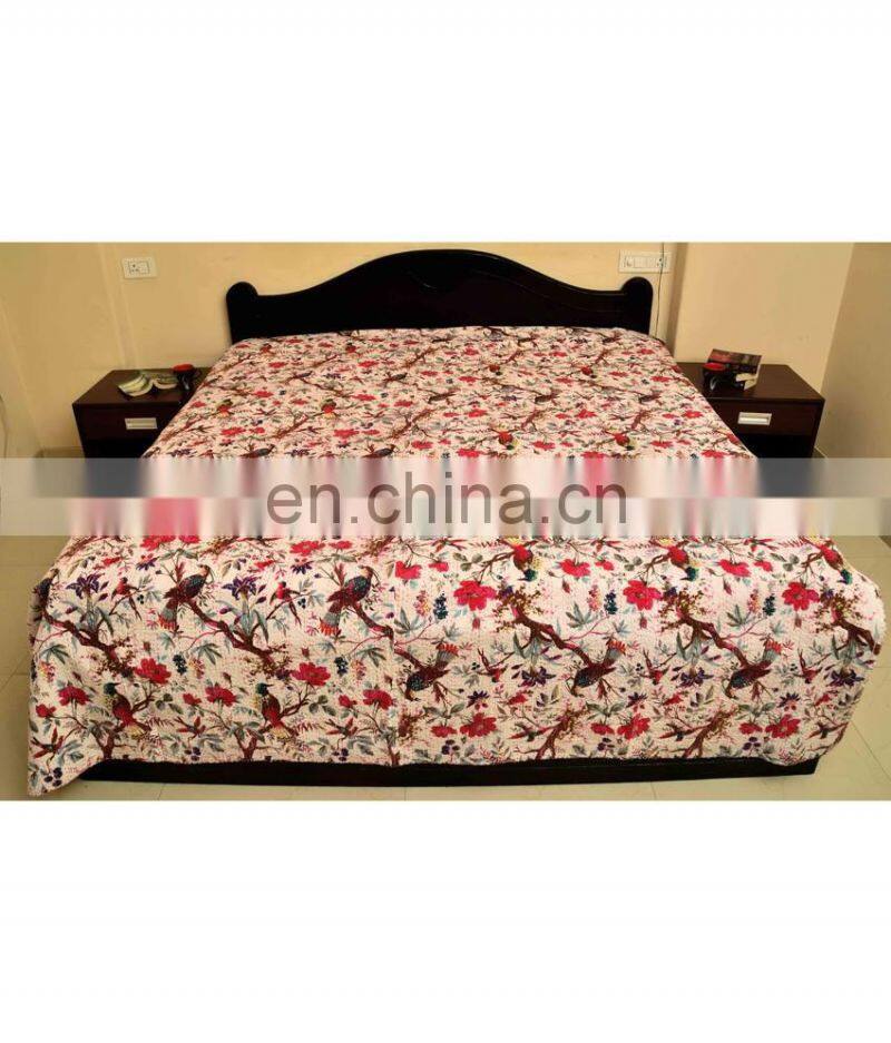 Bird Of Paradise Kantha Quilt Cotton Kantha Bird Print Bedcover Set Of 5 Pcs Bedspread