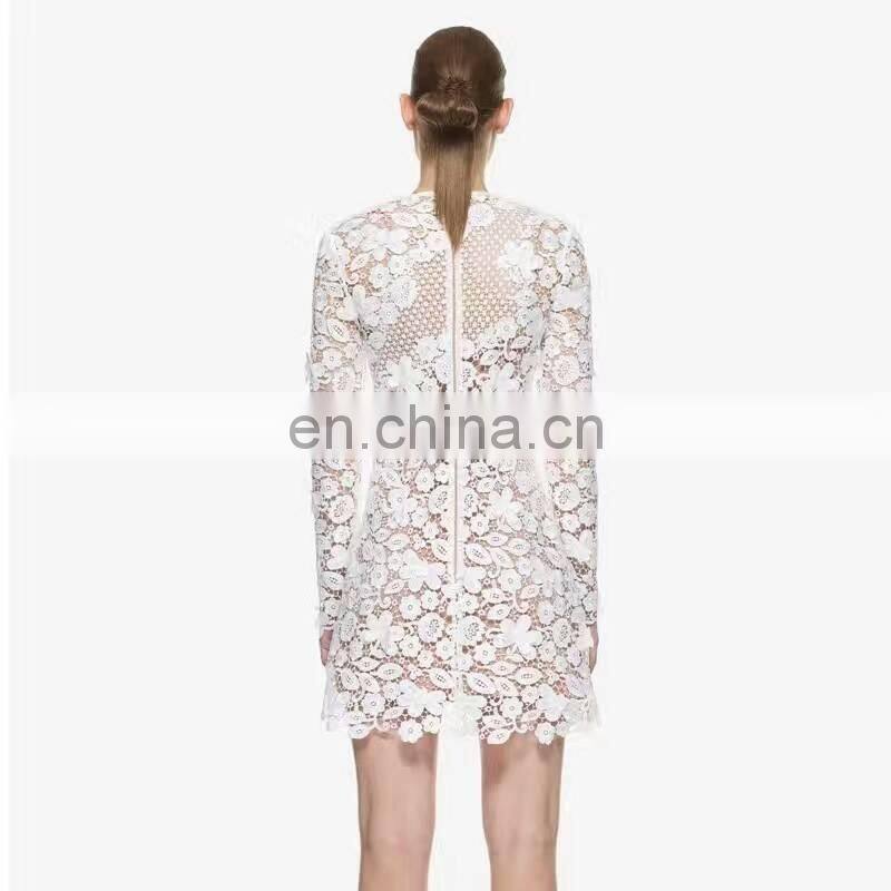 Casual Dresses Women Summer White Bodycon Floral Crochet Lace Long sleeve Sexy Mini Dress
