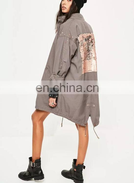 China Supplier OEM winter 's coat for women ladies parka coats with embroidery sequin pattern