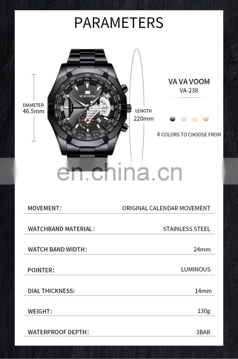 VA VA VOOM 238 New hot sale Quartz watch for men Stainless Steel Luxury Men Watch