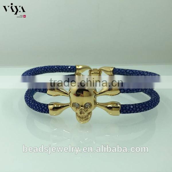 2016 New Coming Stingray/ Python Leather Genuine Leather Bracelet With Skull Clasp Made In China