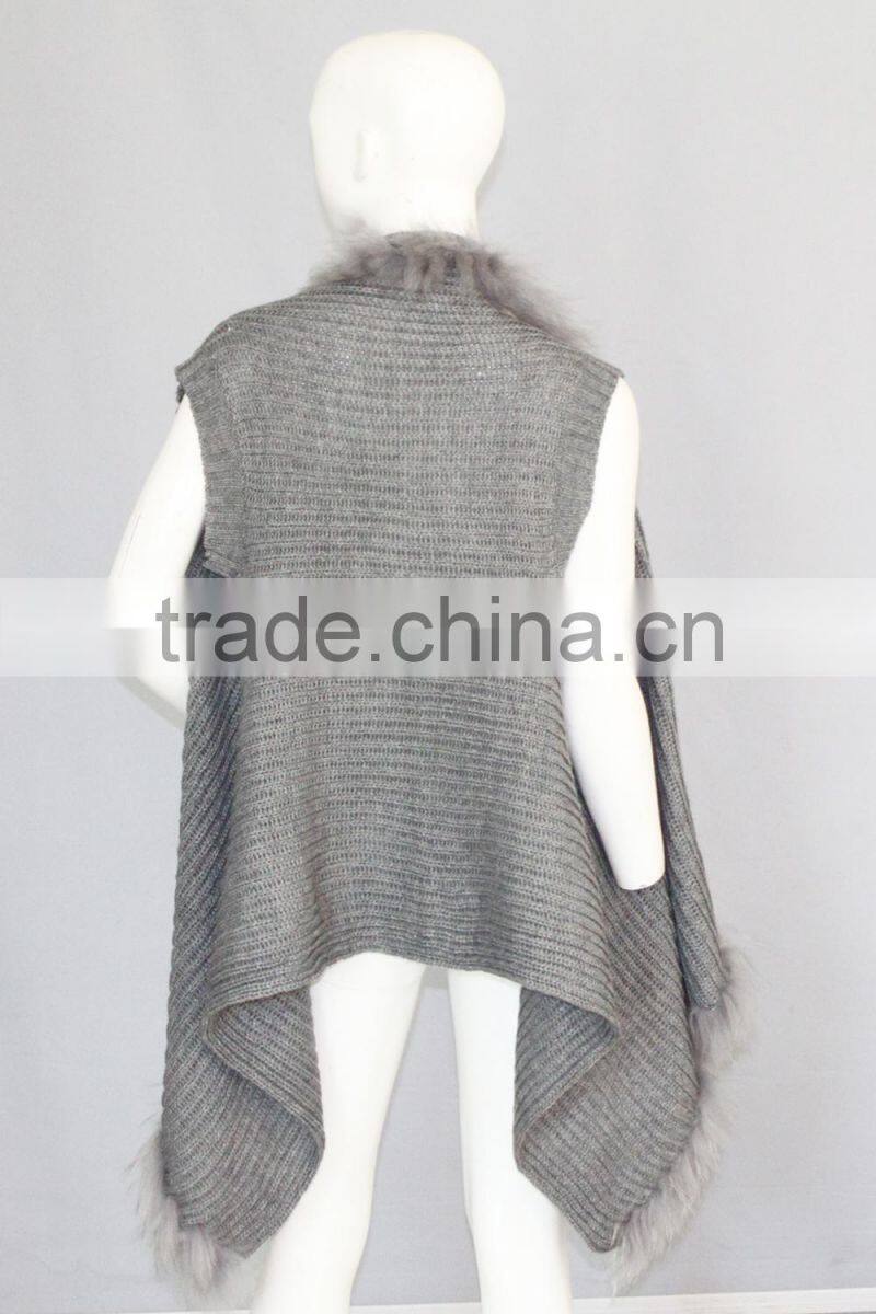 QD80274 2015 New Design Free Size Sweater Knitted Raccoon Fur Cardigan Vest