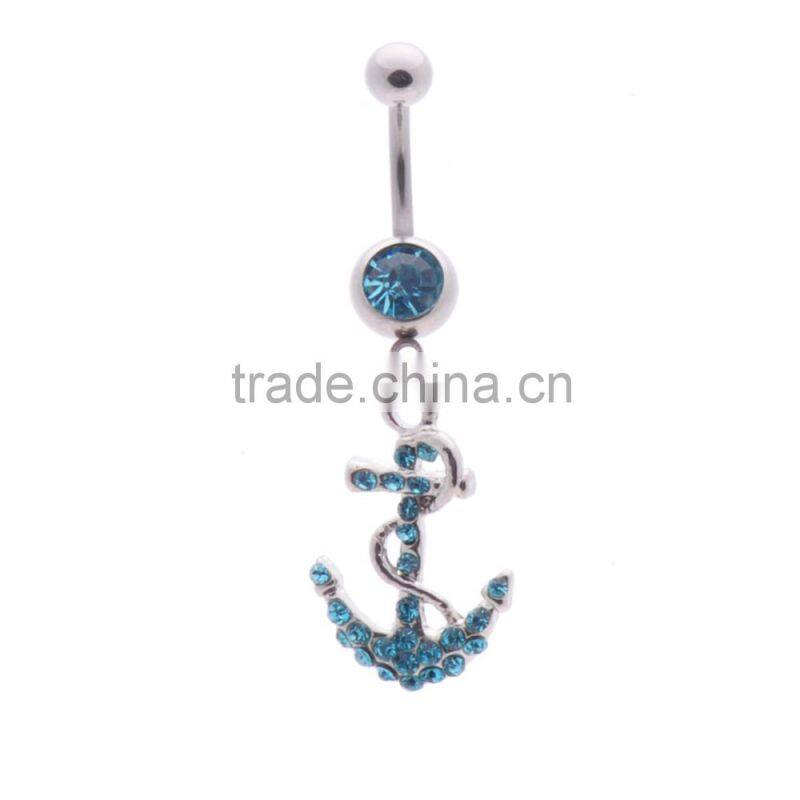Multi Color Gems Paved Anchor Dangle Belly Button Naval Ring.