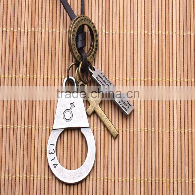 Genuine Leather Necklace with Antique Sliver Handcuff Carved Aphrodite Symbol Pendant.