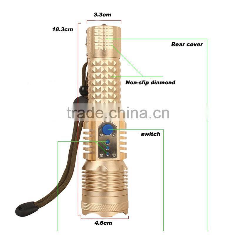 2015 Aluminum Material Strong Light High Powe USB Rechargeable 3.7V Flashlight