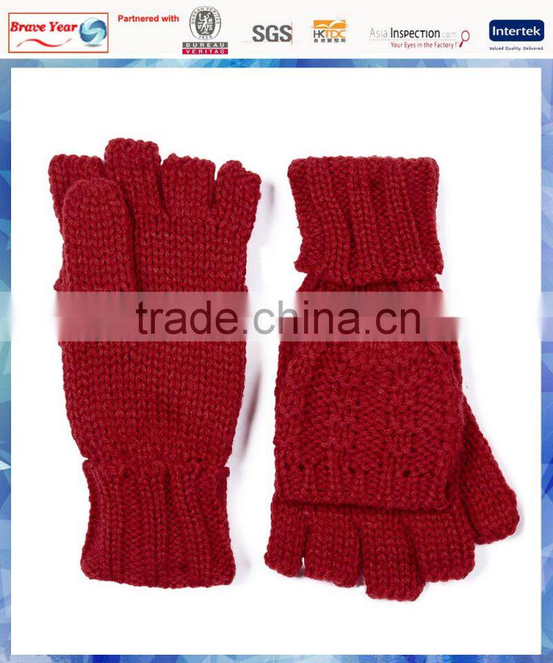 100% acrylic women rib and purl capped red knitted gloves
