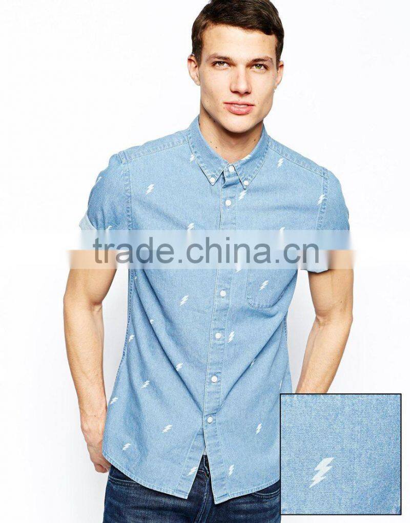 2015 Printed Mens Denim Shirts Short Male Slim Trendy Jeans Clothing (JXW815)