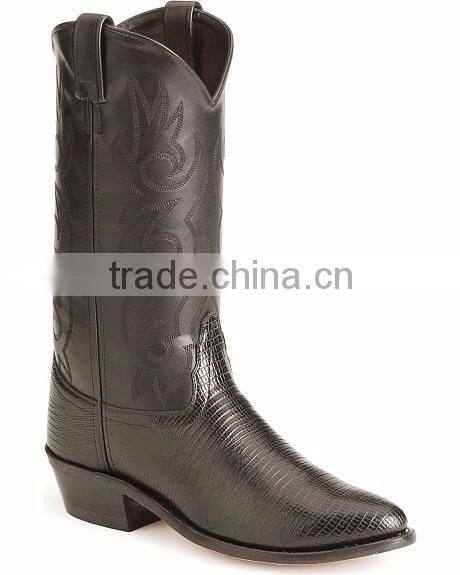 Black cognac fancy stitched manmade shaft leather lizard printed western cowboy boots