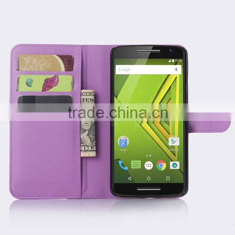 2015 New Arrival Stand Wallet Lychee Leather phone case for Motorola Moto X Play
