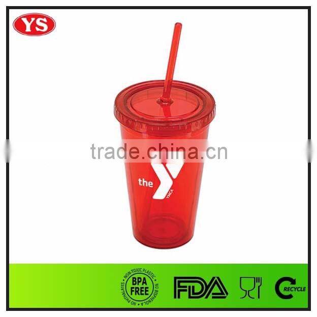 bpa free 16oz double wall cold drink plastic tumbler with straw