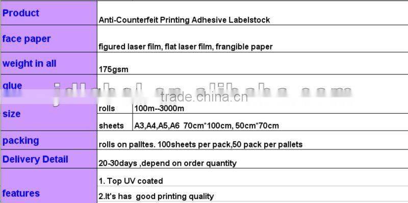 Anti-Counterfeit Printing Adhesive Labelstock hot stamping foil