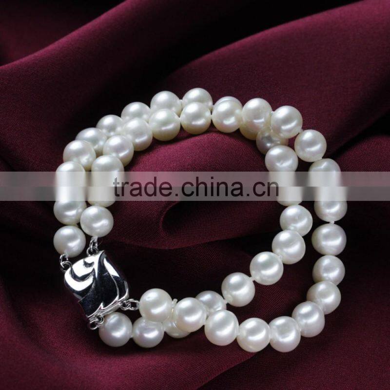 8mm AAA white near round white bridal wedding accessory freshwater natural double strand pearl bracelet