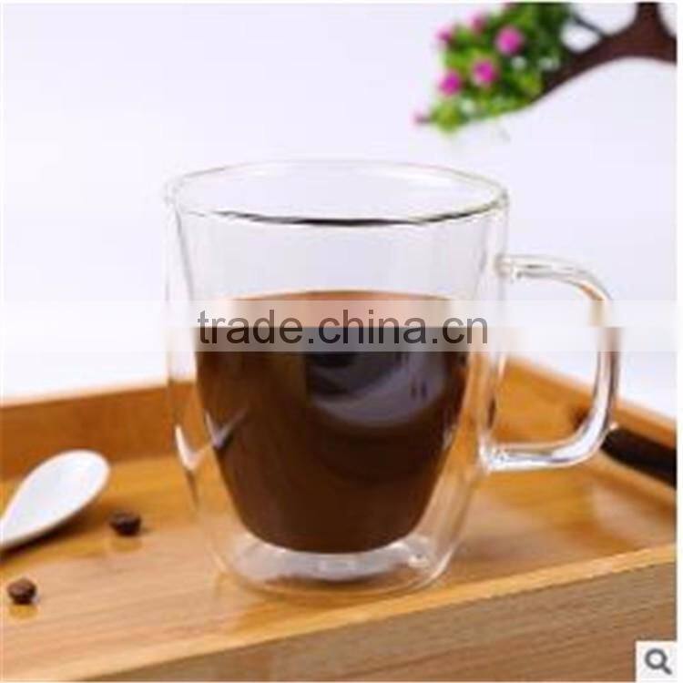 100% Lead free heat resistant borosilicate double wall glass coffee/milk cup with handle in stock