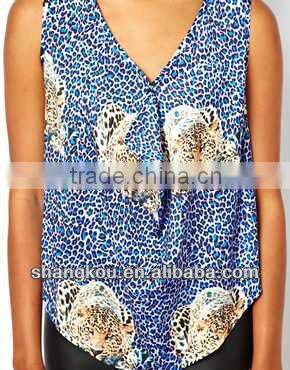 2013 high fashion design women summer loose blouse&tops animanl printed blouse deep v collar top shzk 78