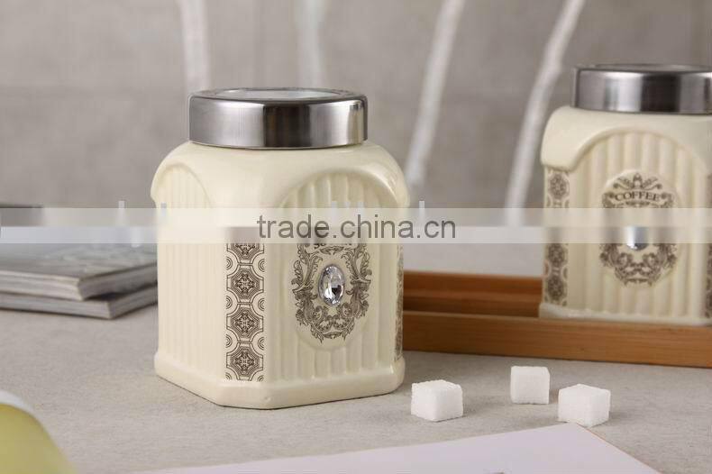 square ceramic canister set with bamboo stand