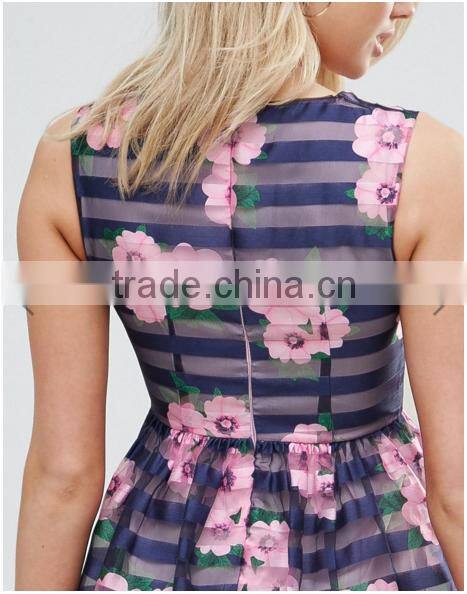 Floral Print pattern Stripe Organza Sleeveless Dress/women dress/clothing