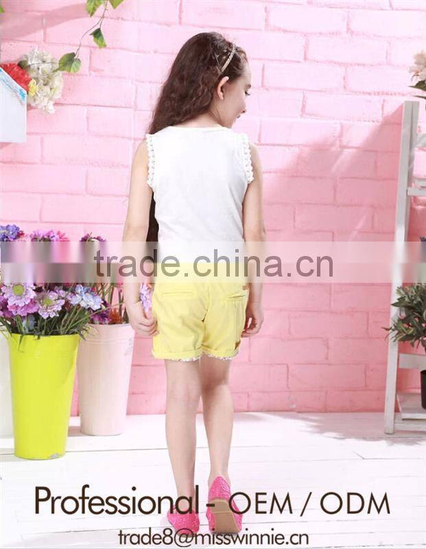 fashion children clothing sets sleeveless cotton white top and yellow cotton short pants for 2-12 years old girls