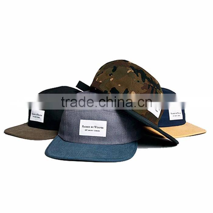 Leather strap flat brim custom 5 panel hat and cap