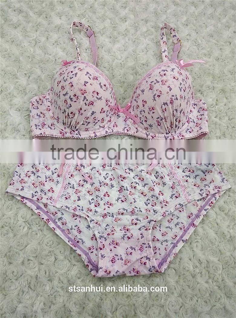 Lovely flower printed hot sale sexy ladies fancy bra panty set