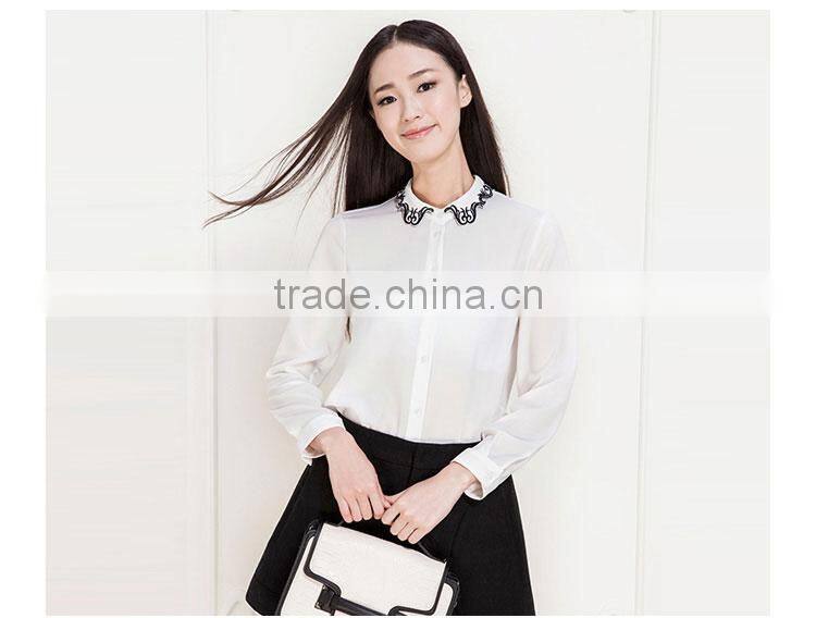 2015 Sweet Ladies White Chiffon Embroidery Women Shirts Design