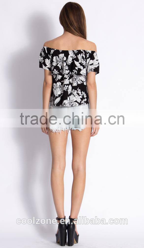 2015 Off the shoulder floral print women tank top,wholesale women sweet sheer tank tops
