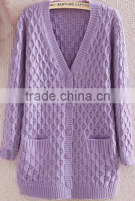 2014 hot sell wholesale high quality cotton v-neck long sleeve knitting cardigan for women