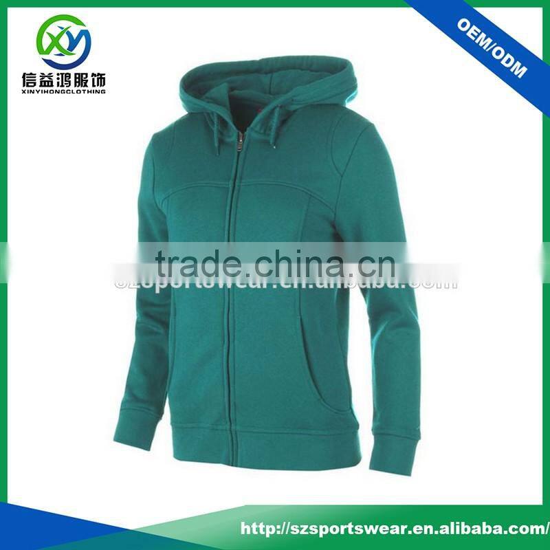 Plain green color full zipper lady hoody jacket with custom design and logo