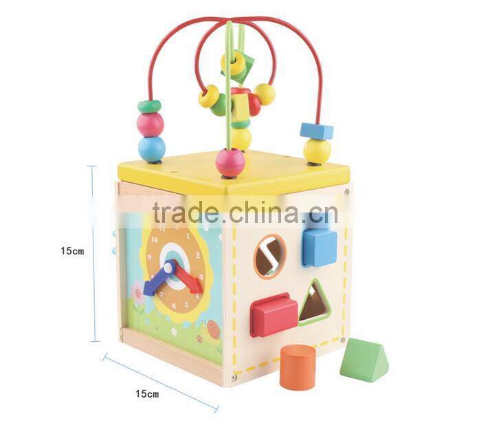 Wooden children's puzzle toy multifunction round bead box clock time cognition toys for kids