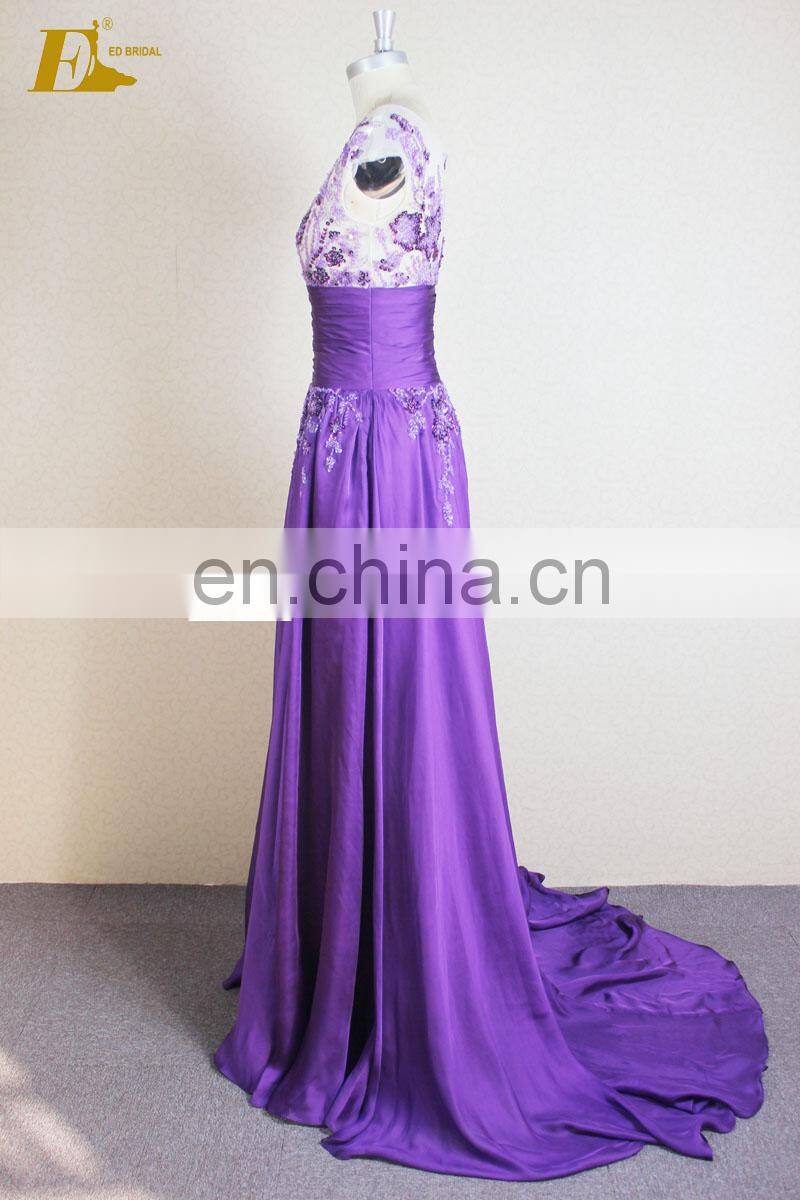 Real Sample Scoop Neckline Cap Sleeve Handwork Beaded Purple Sexy Prom Dress For Girls