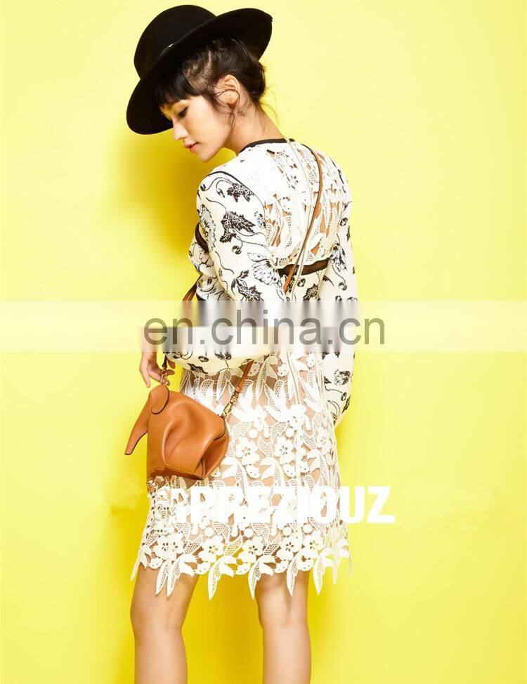 Latest Fashion Clothes Women Long Sleeve Round Neck Elegant Slim Floral Lace Prom Dress