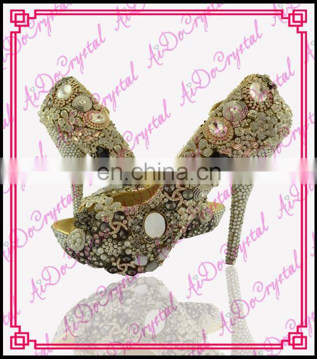 Aidocrystal 2016 Golden ladies Crystal Bling Fabulous Clear Shining jewel High Heels peep toe Wedding shoes