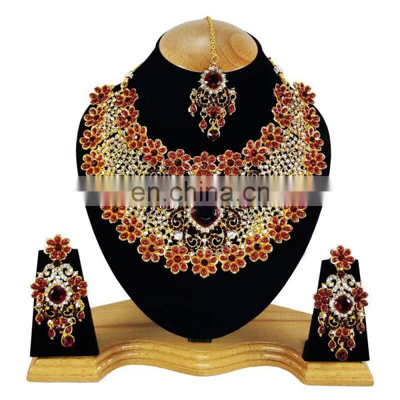 Beautiful Floral Designer Dark-Red Color Gold Plated Kundan Zerconic Necklace Earrings Tikka