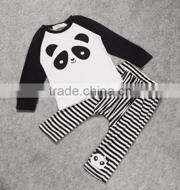 2016 Spring autumn children clothes sets kids cartoon pandas outfits baby long sleeve t-shirt + stripe long pants suits
