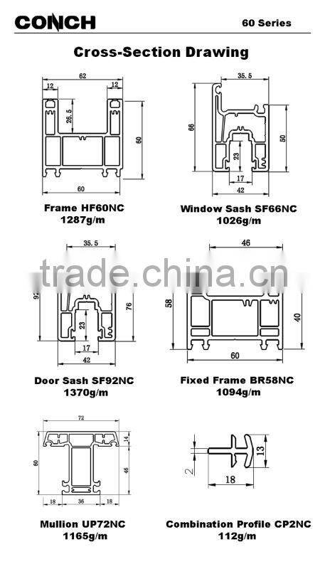 PVC window Profiles Conch 60 external casement window