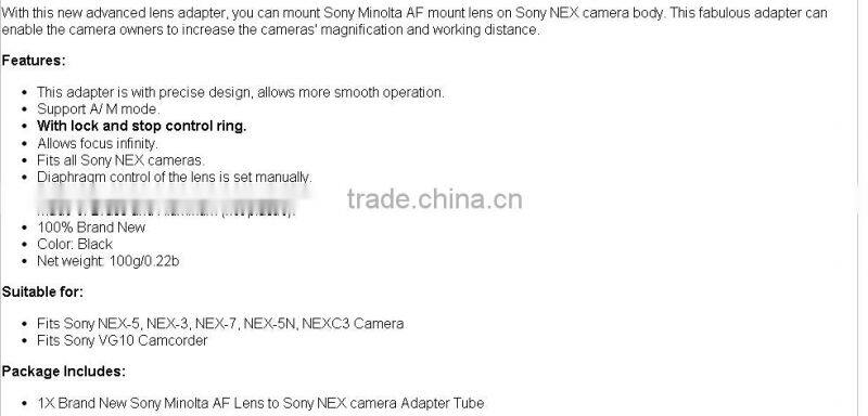 Lens adapter ring for Sony AF MA mount Lens to S ony Alpha NEX-5 NEX-3 NEX-7 NEX5N NEXC3 Camera