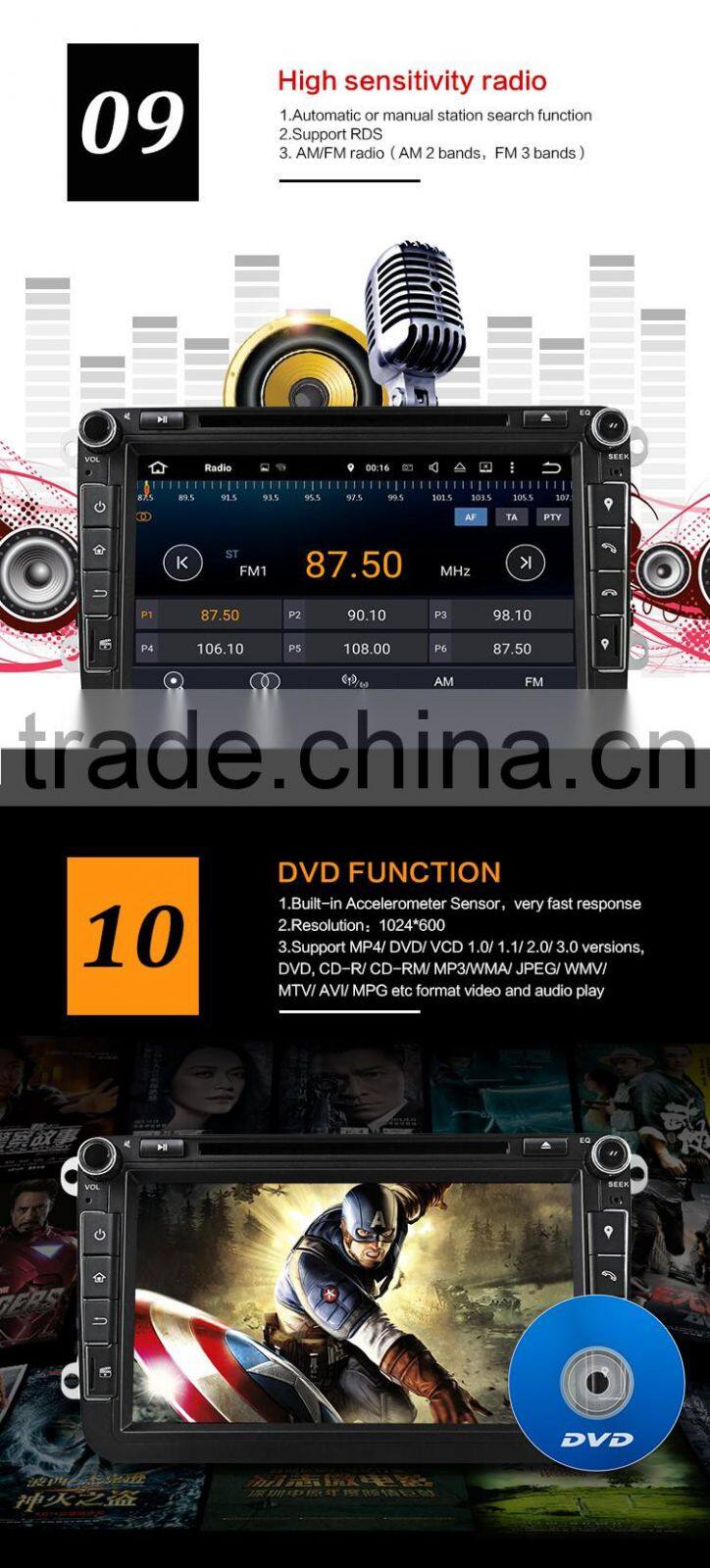 8 inch DVD/VCD Radio Tuner Bluetooth-enabled Touch Screen Mp3/Mp4 GPS Function and Gps Navigator Type Car DVD