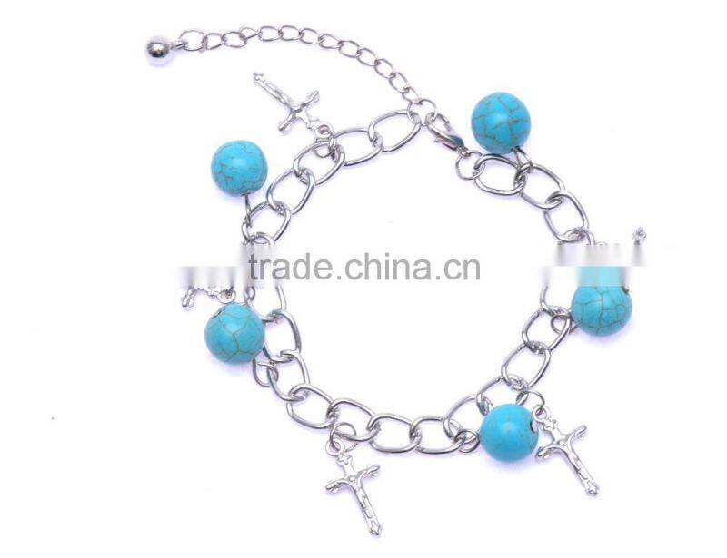 Tibetan Sliver Plated with Bead and Cross Pendant Turquoise Charm Bracelet & Bangle
