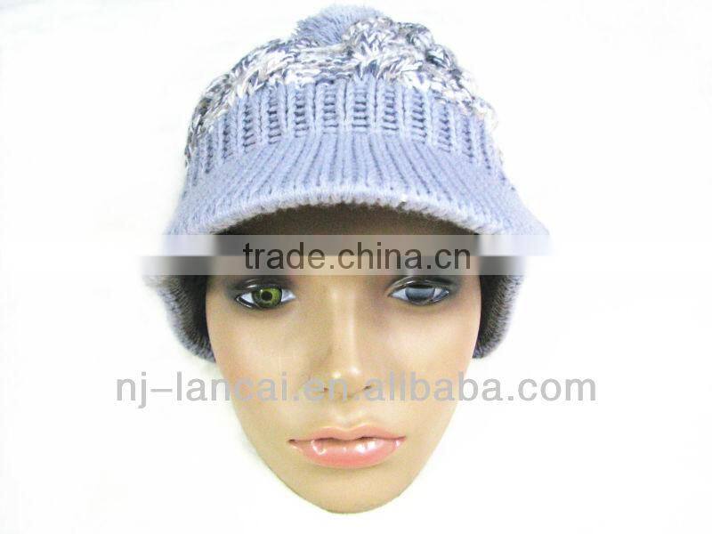 fashion winter Ladies knitted cable peaked hat with pom-pom