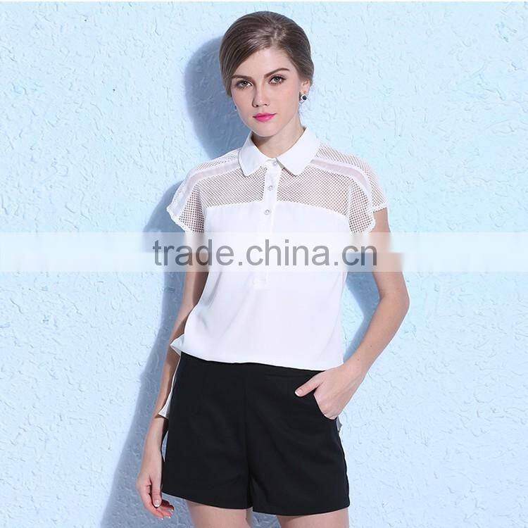 Women Blouses 2016 Summer Shirts Fashion Sexy White Black Blusas Casual Short Sleeve Lace Top Chiffon Blouse