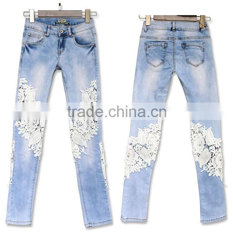 2016 Summer Fashion Women Sexy See Through Jean Pants Ladies Fancy Lace Patchwork Vogue Narrow Bottom New Model Jeans For Lady
