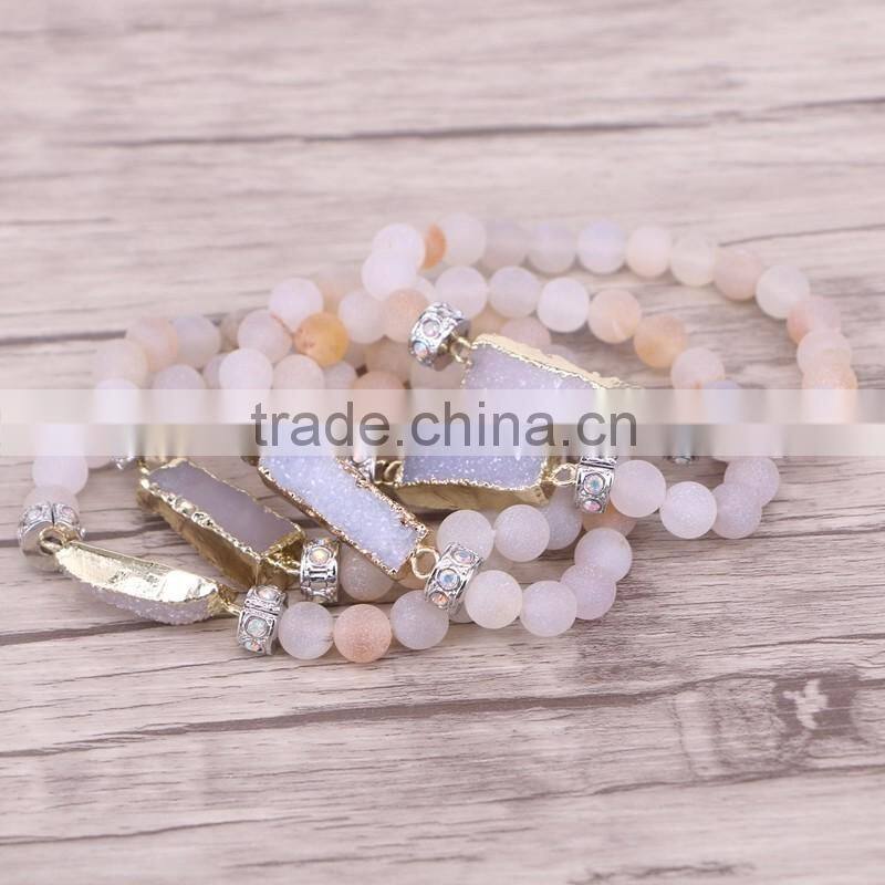 Gold Plated Natural Rectangle Agate Druzy Gemstone Bracelet, with 8mm Frosted Agate Beaded Bracelets Jewelry