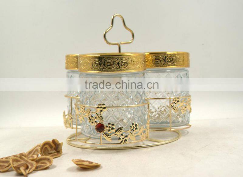 Set of 3 Glass Jar Food storage canister with Golden revolving shelf