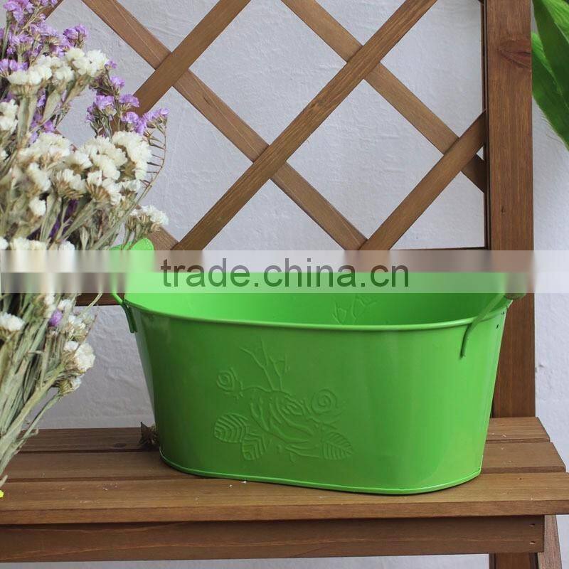 hottest item waterproof oval white green flower vintage galvanized metal planter with wood handles