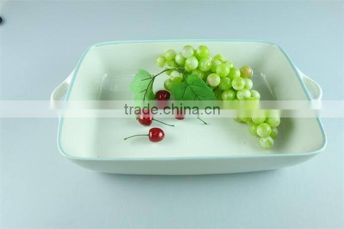 Enamel ceramic baking dish white green line decor serving dish rectangular with handle