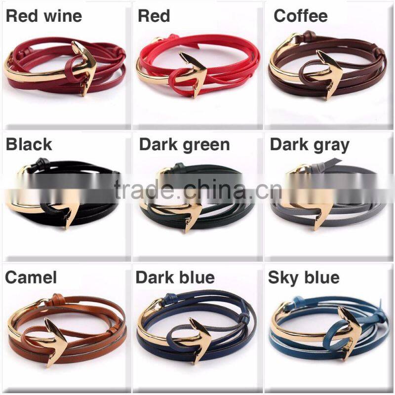 Fashion Jewelry Wholesale Leather Steel Anchor Hook Bracelet men ,Custom Jewelry Leather Nautical Bracelet